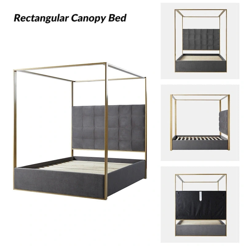 Queen/King Upholstered Canopy Bed - Tufted Headboard, Champagne Metal Frame, 650lbs Capacity, Modern Style