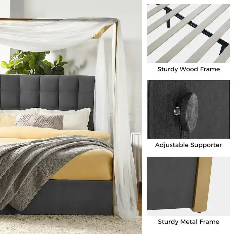 Queen/King Upholstered Canopy Bed - Tufted Headboard, Champagne Metal Frame, 650lbs Capacity, Modern Style
