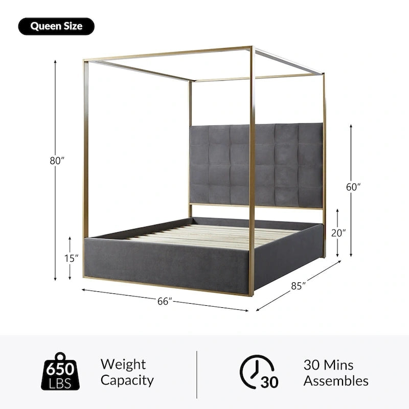 Queen/King Upholstered Canopy Bed - Tufted Headboard, Champagne Metal Frame, 650lbs Capacity, Modern Style