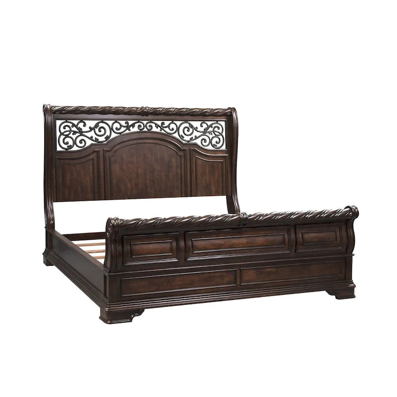 Queen/King Sleigh Bed - Brownstone Finish, Poplar/Birch Wood, Brass Metal Scrolled Headboard, Rope Twist Cap Rails