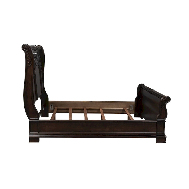 Queen/King Sleigh Bed - Brownstone Finish, Poplar/Birch Wood, Brass Metal Scrolled Headboard, Rope Twist Cap Rails
