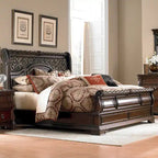 Queen/King Sleigh Bed - Brownstone Finish, Poplar/Birch Wood, Brass Metal Scrolled Headboard, Rope Twist Cap Rails