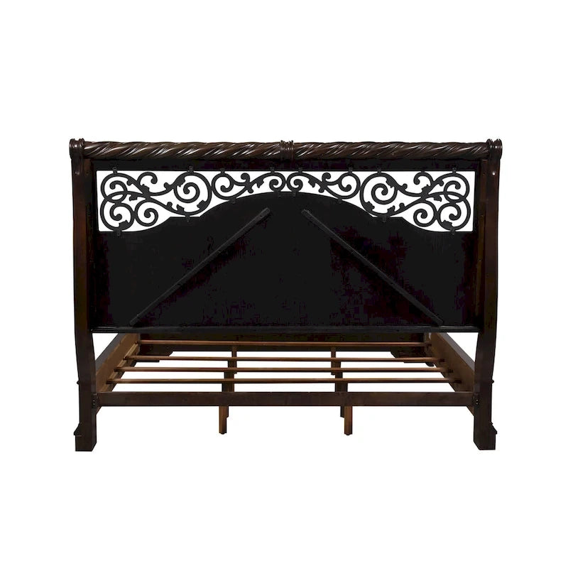 Queen/King Sleigh Bed - Brownstone Finish, Poplar/Birch Wood, Brass Metal Scrolled Headboard, Rope Twist Cap Rails