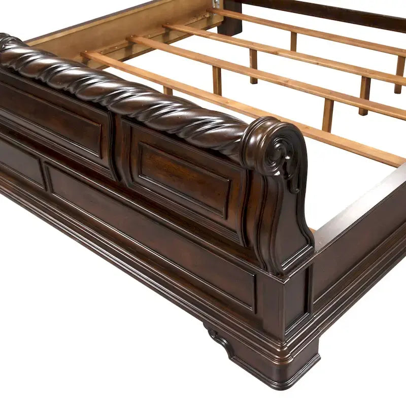 Queen/King Sleigh Bed - Brownstone Finish, Poplar/Birch Wood, Brass Metal Scrolled Headboard, Rope Twist Cap Rails