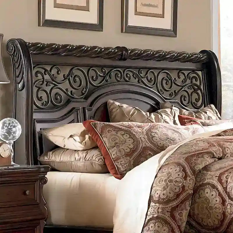 Queen/King Sleigh Bed - Brownstone Finish, Poplar/Birch Wood, Brass Metal Scrolled Headboard, Rope Twist Cap Rails