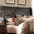 Queen/King Sleigh Bed - Brownstone Finish, Poplar/Birch Wood, Brass Metal Scrolled Headboard, Rope Twist Cap Rails