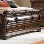 Queen/King Sleigh Bed - Brownstone Finish, Poplar/Birch Wood, Brass Metal Scrolled Headboard, Rope Twist Cap Rails