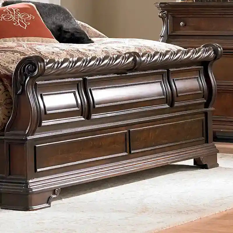 Queen/King Sleigh Bed - Brownstone Finish, Poplar/Birch Wood, Brass Metal Scrolled Headboard, Rope Twist Cap Rails