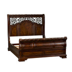 Queen/King Sleigh Bed - Brownstone Finish, Poplar/Birch Wood, Brass Metal Scrolled Headboard, Rope Twist Cap Rails