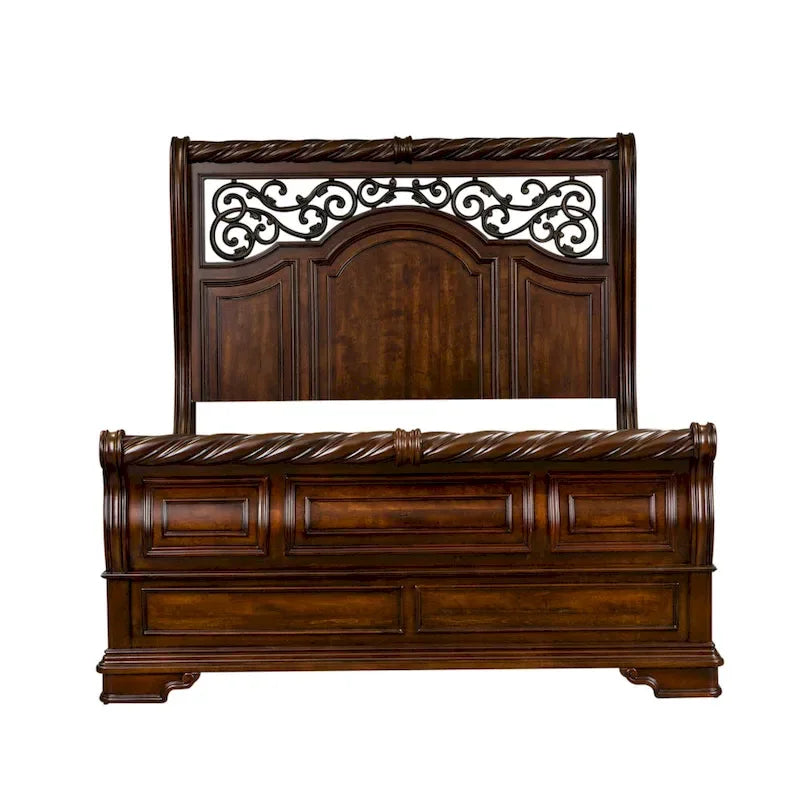 Queen/King Sleigh Bed - Brownstone Finish, Poplar/Birch Wood, Brass Metal Scrolled Headboard, Rope Twist Cap Rails