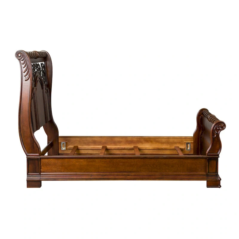 Queen/King Sleigh Bed - Brownstone Finish, Poplar/Birch Wood, Brass Metal Scrolled Headboard, Rope Twist Cap Rails