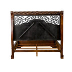 Queen/King Sleigh Bed - Brownstone Finish, Poplar/Birch Wood, Brass Metal Scrolled Headboard, Rope Twist Cap Rails