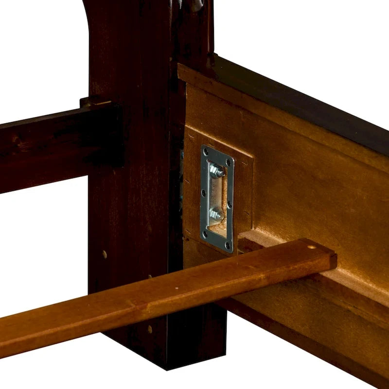 Queen/King Sleigh Bed - Brownstone Finish, Poplar/Birch Wood, Brass Metal Scrolled Headboard, Rope Twist Cap Rails