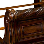 Queen/King Sleigh Bed - Brownstone Finish, Poplar/Birch Wood, Brass Metal Scrolled Headboard, Rope Twist Cap Rails