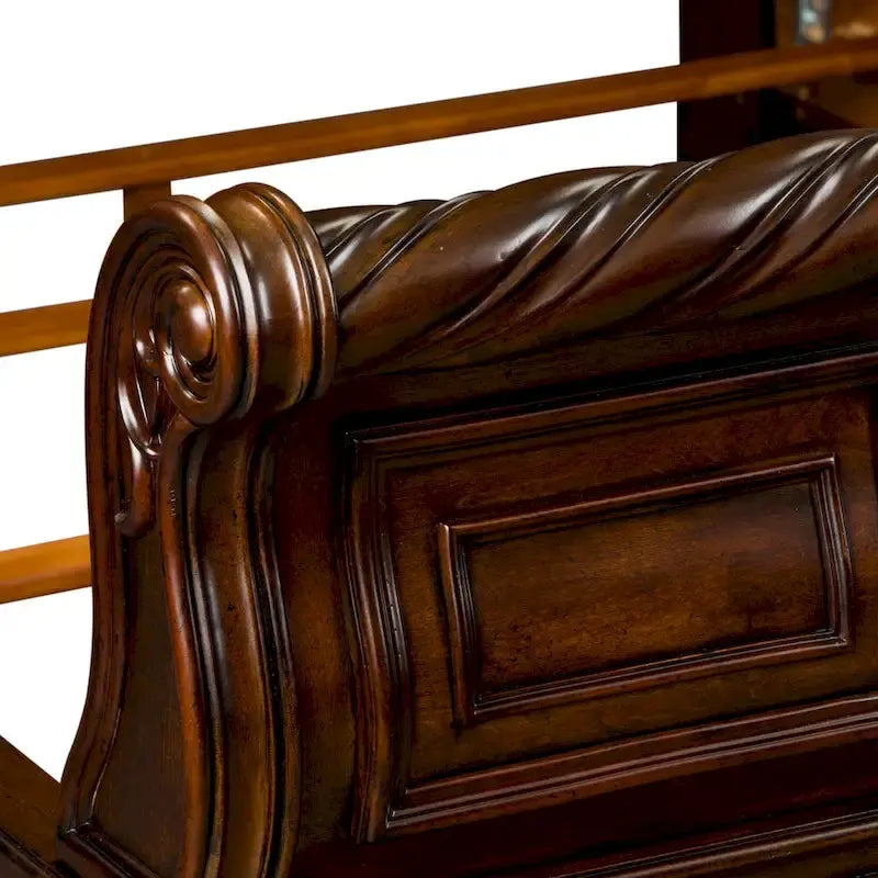 Queen/King Sleigh Bed - Brownstone Finish, Poplar/Birch Wood, Brass Metal Scrolled Headboard, Rope Twist Cap Rails