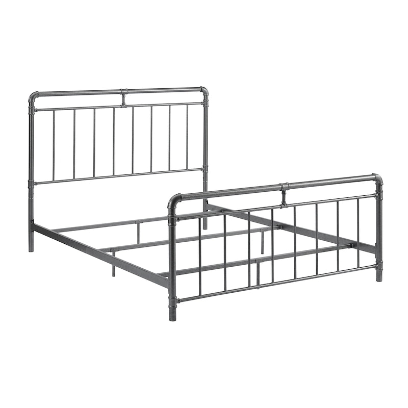 Queen/King Vintage Metal Bed - Charcoal Finish, Pipe Spindle Design, Industrial Style, Includes Rails & Slats