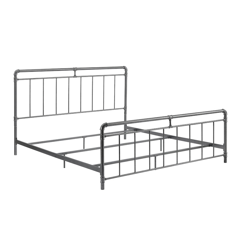 Queen/King Vintage Metal Bed - Charcoal Finish, Pipe Spindle Design, Industrial Style, Includes Rails & Slats