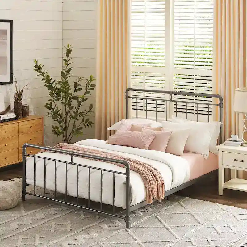 Queen/King Vintage Metal Bed - Charcoal Finish, Pipe Spindle Design, Industrial Style, Includes Rails & Slats