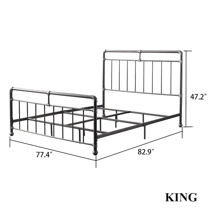 Queen/King Vintage Metal Bed - Charcoal Finish, Pipe Spindle Design, Industrial Style, Includes Rails & Slats