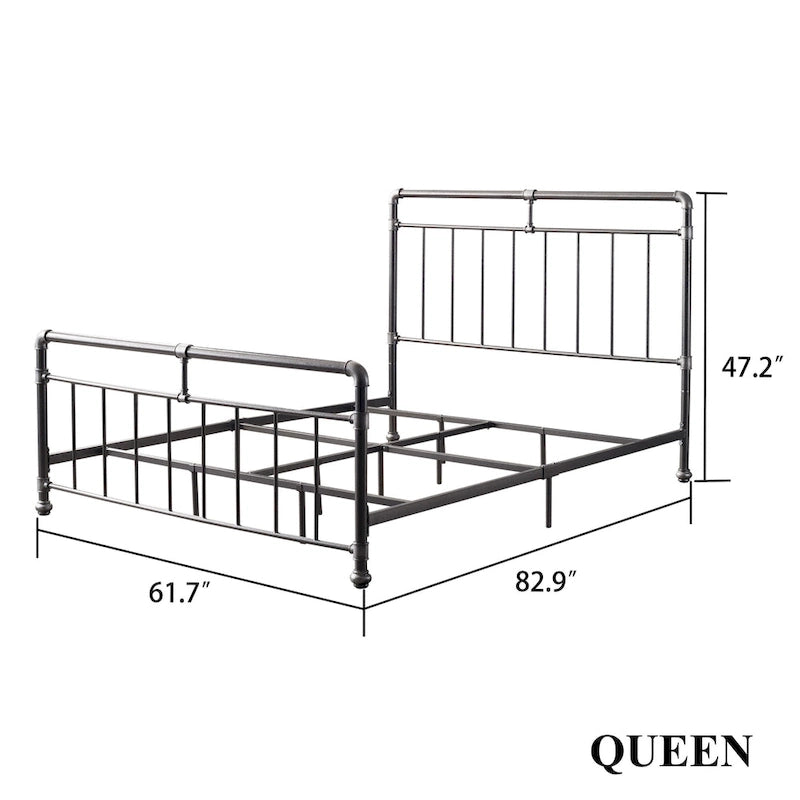 Queen/King Vintage Metal Bed - Charcoal Finish, Pipe Spindle Design, Industrial Style, Includes Rails & Slats