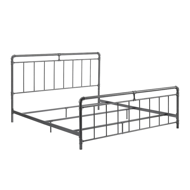 Queen/King Vintage Metal Bed - Charcoal Finish, Pipe Spindle Design, Industrial Style, Includes Rails & Slats
