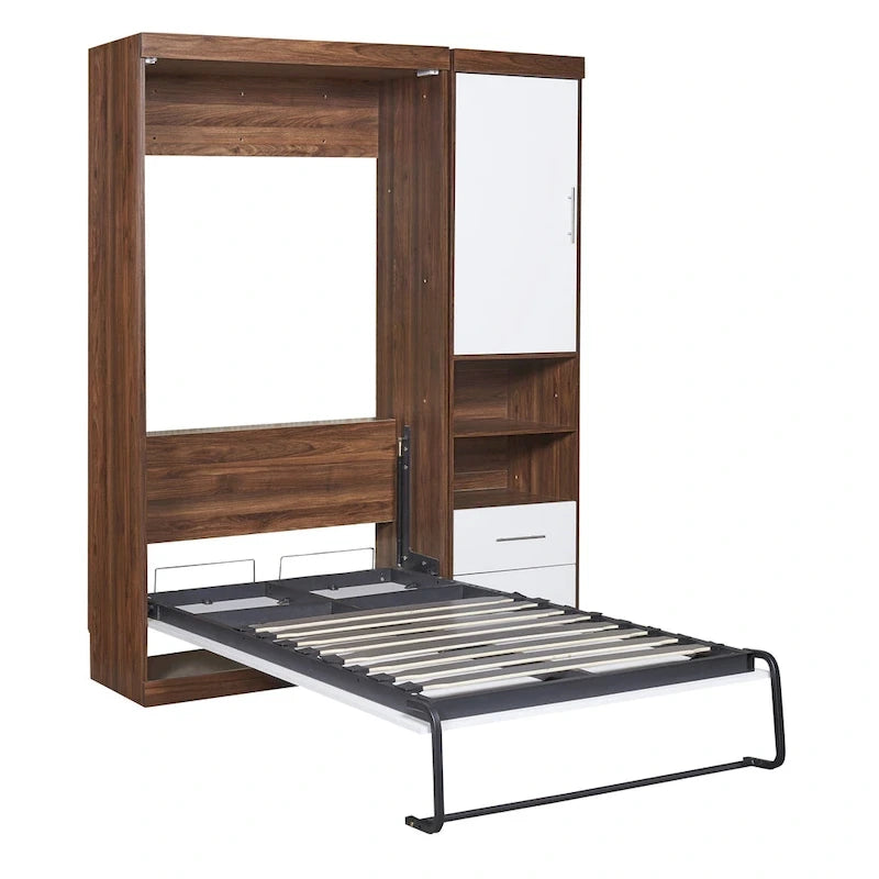 Twin Size Murphy Wall Bed with Side Cabinet - White, Foldable, MDF/Plywood, Dual Piston Mechanism, Space-Saving