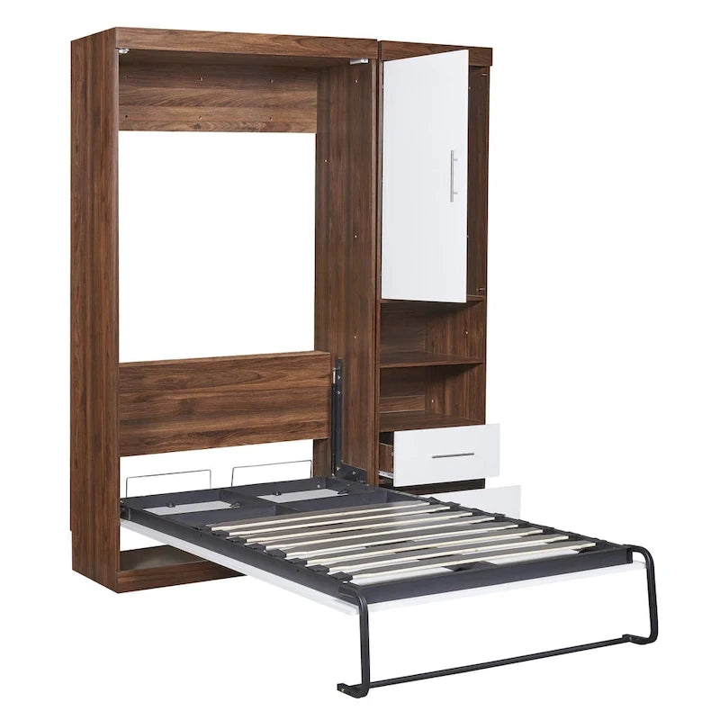 Twin Size Murphy Wall Bed with Side Cabinet - White, Foldable, MDF/Plywood, Dual Piston Mechanism, Space-Saving