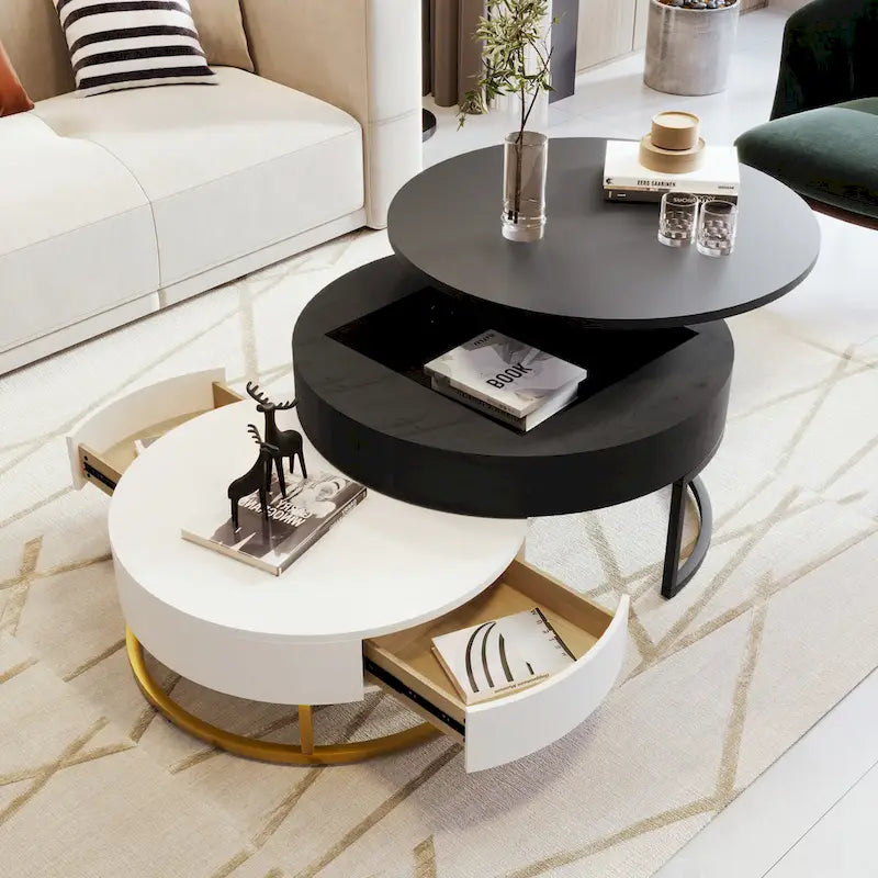 Round Lift-Top Nesting Coffee Tables Set with 2 Drawers, MDF Construction, Hydraulic Mechanism, White & Black, Space-Saving Design