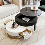 Round Lift-Top Nesting Coffee Tables Set with 2 Drawers, MDF Construction, Hydraulic Mechanism, White & Black, Space-Saving Design