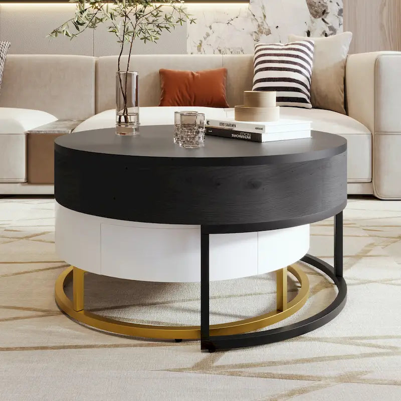Round Lift-Top Nesting Coffee Tables Set with 2 Drawers, MDF Construction, Hydraulic Mechanism, White & Black, Space-Saving Design