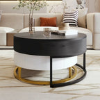 Round Lift-Top Nesting Coffee Tables Set with 2 Drawers, MDF Construction, Hydraulic Mechanism, White & Black, Space-Saving Design
