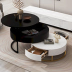 Round Lift-Top Nesting Coffee Tables Set with 2 Drawers, MDF Construction, Hydraulic Mechanism, White & Black, Space-Saving Design