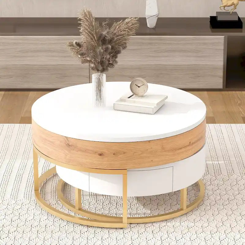Round Lift-Top Nesting Coffee Tables Set with 2 Drawers, MDF Construction, Hydraulic Mechanism, White & Black, Space-Saving Design