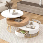 Round Lift-Top Nesting Coffee Tables Set with 2 Drawers, MDF Construction, Hydraulic Mechanism, White & Black, Space-Saving Design