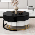 Round Lift-Top Nesting Coffee Tables Set with 2 Drawers, MDF Construction, Hydraulic Mechanism, White & Black, Space-Saving Design