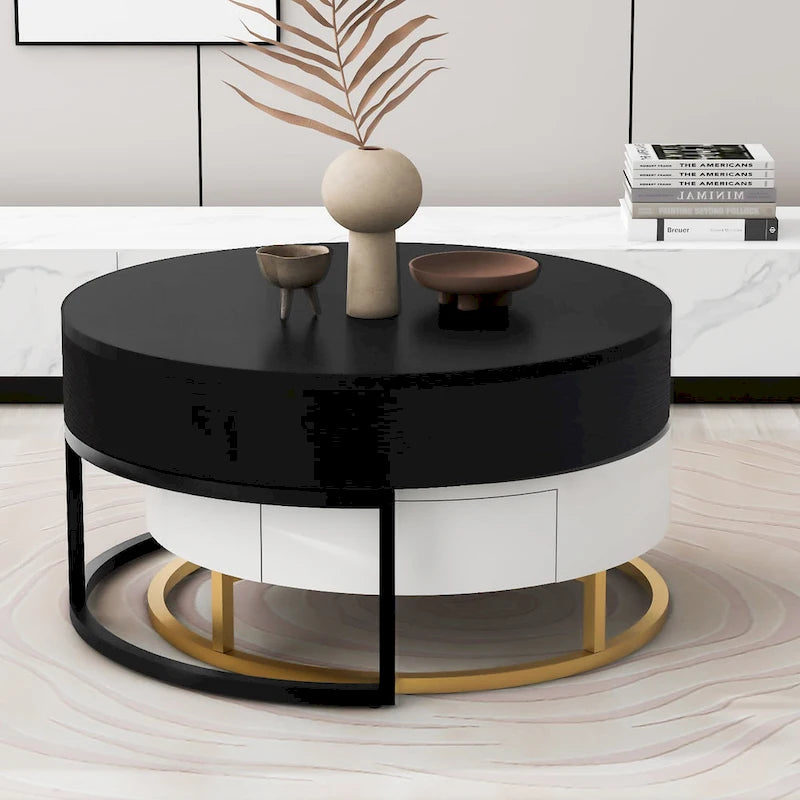 Round Lift-Top Nesting Coffee Tables Set with 2 Drawers, MDF Construction, Hydraulic Mechanism, White & Black, Space-Saving Design
