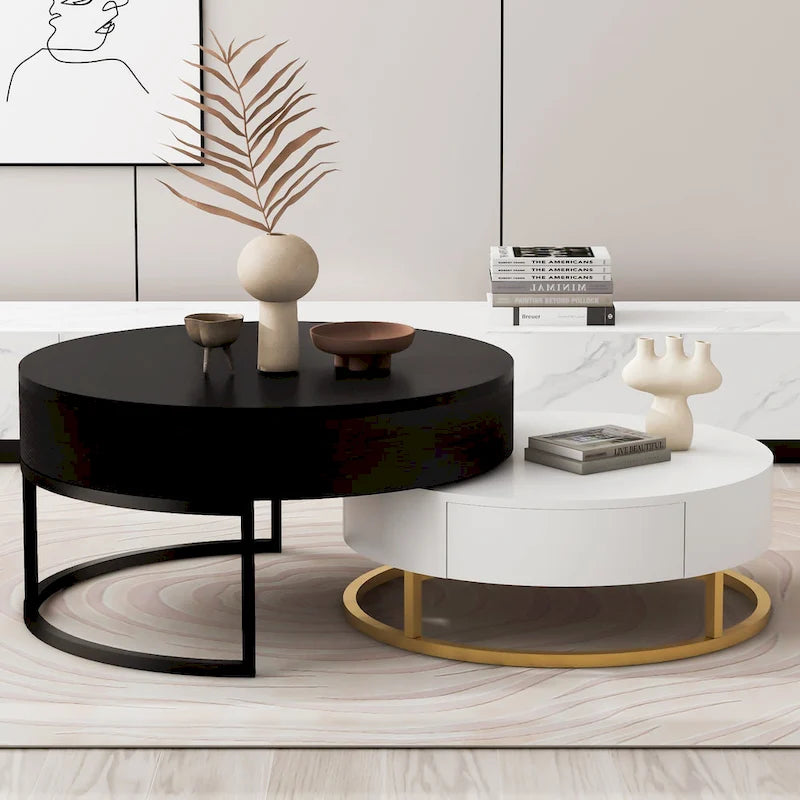 Round Lift-Top Nesting Coffee Tables Set with 2 Drawers, MDF Construction, Hydraulic Mechanism, White & Black, Space-Saving Design
