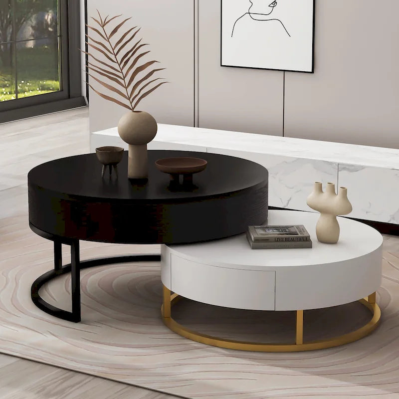 Round Lift-Top Nesting Coffee Tables Set with 2 Drawers, MDF Construction, Hydraulic Mechanism, White & Black, Space-Saving Design