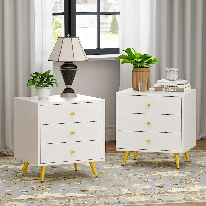White Nightstand with 3 Drawers - MDF Board, Gold Metal Legs, 19.6"L x 15.7"W x 21.6"H, Easy Assembly