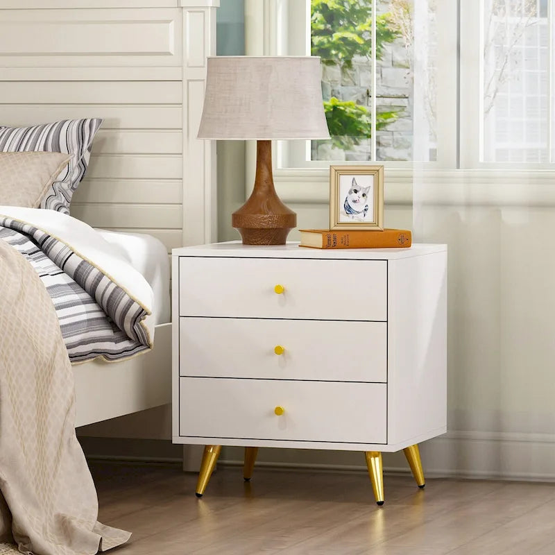 White Nightstand with 3 Drawers - MDF Board, Gold Metal Legs, 19.6"L x 15.7"W x 21.6"H, Easy Assembly