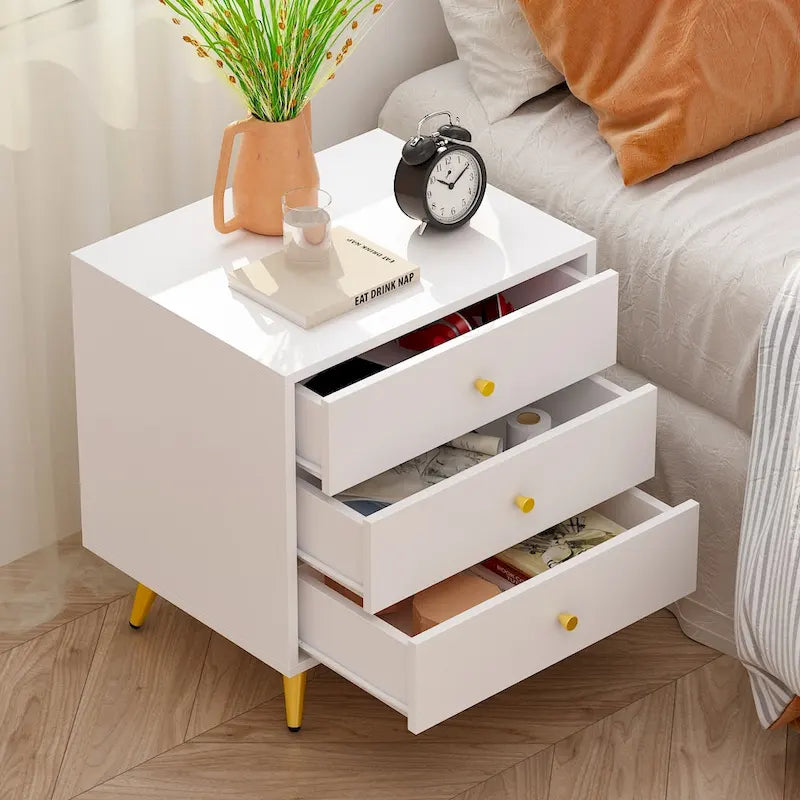 White Nightstand with 3 Drawers - MDF Board, Gold Metal Legs, 19.6"L x 15.7"W x 21.6"H, Easy Assembly