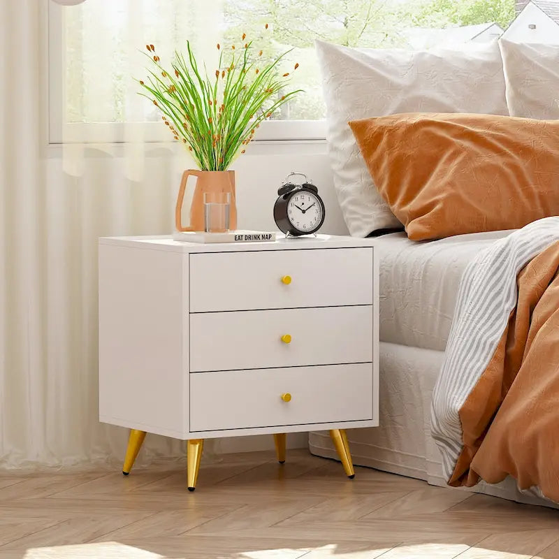 White Nightstand with 3 Drawers - MDF Board, Gold Metal Legs, 19.6"L x 15.7"W x 21.6"H, Easy Assembly