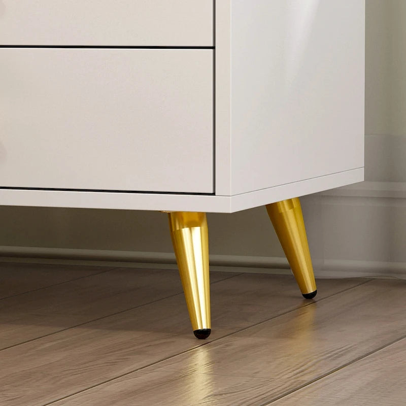 White Nightstand with 3 Drawers - MDF Board, Gold Metal Legs, 19.6"L x 15.7"W x 21.6"H, Easy Assembly