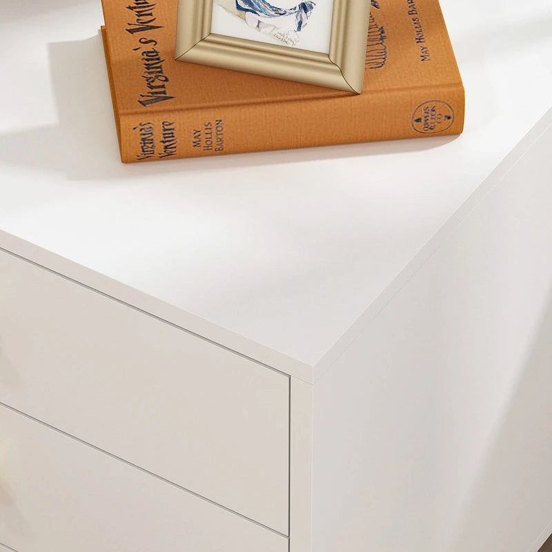 White Nightstand with 3 Drawers - MDF Board, Gold Metal Legs, 19.6"L x 15.7"W x 21.6"H, Easy Assembly