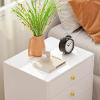 White Nightstand with 3 Drawers - MDF Board, Gold Metal Legs, 19.6"L x 15.7"W x 21.6"H, Easy Assembly