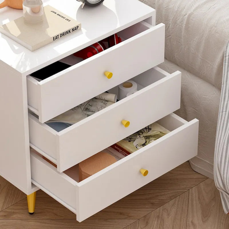 White Nightstand with 3 Drawers - MDF Board, Gold Metal Legs, 19.6"L x 15.7"W x 21.6"H, Easy Assembly