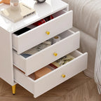 White Nightstand with 3 Drawers - MDF Board, Gold Metal Legs, 19.6"L x 15.7"W x 21.6"H, Easy Assembly