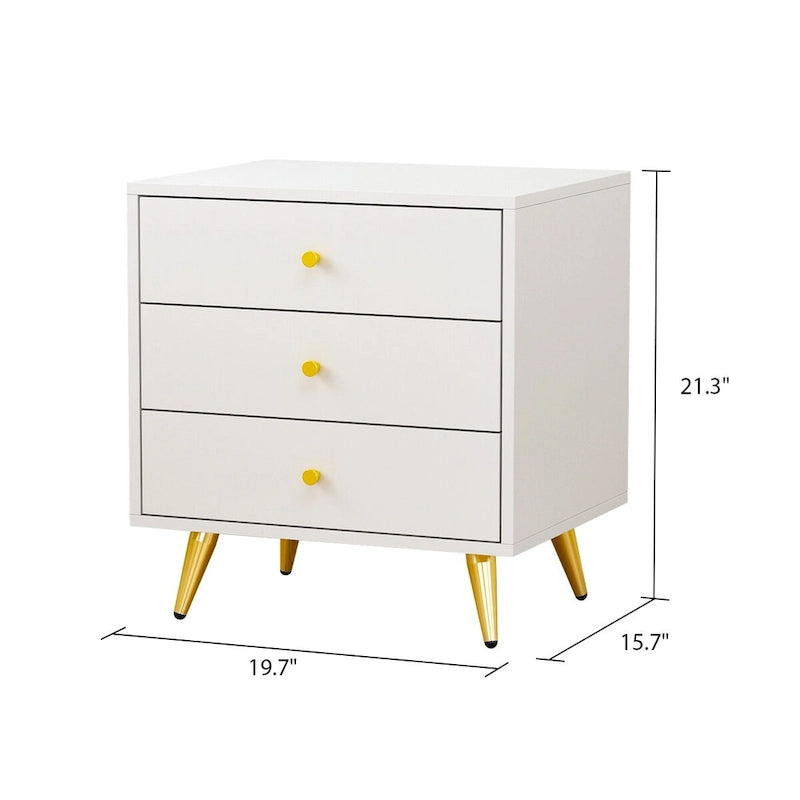 White Nightstand with 3 Drawers - MDF Board, Gold Metal Legs, 19.6"L x 15.7"W x 21.6"H, Easy Assembly