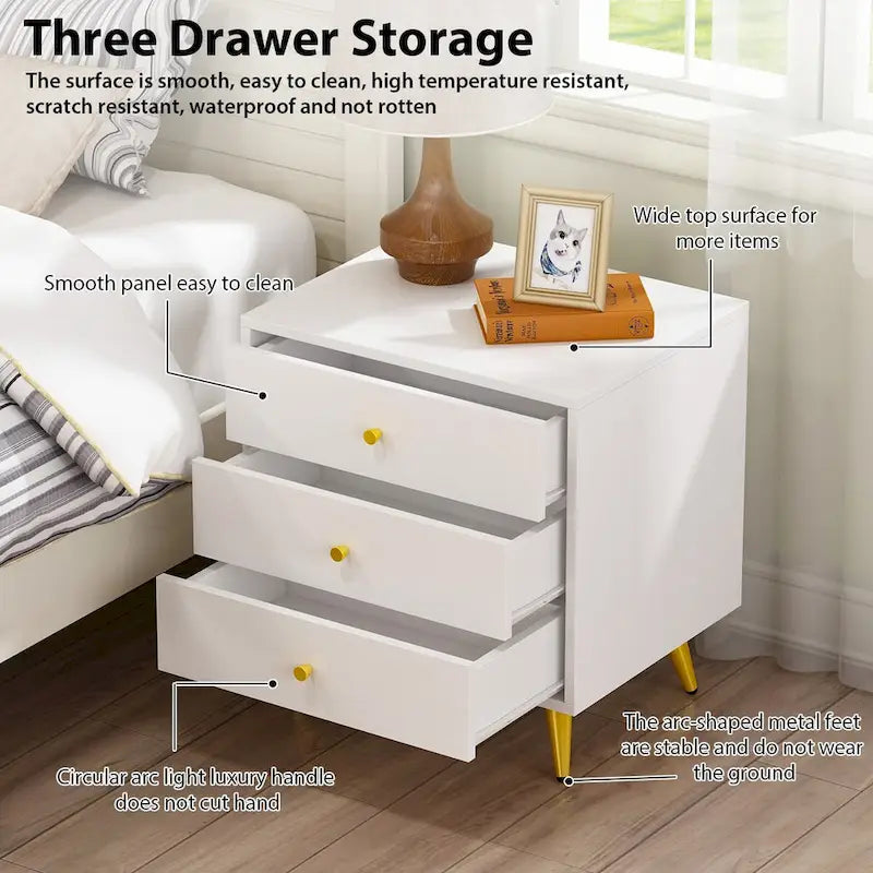 White Nightstand with 3 Drawers - MDF Board, Gold Metal Legs, 19.6"L x 15.7"W x 21.6"H, Easy Assembly