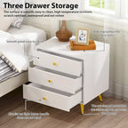 White Nightstand with 3 Drawers - MDF Board, Gold Metal Legs, 19.6"L x 15.7"W x 21.6"H, Easy Assembly